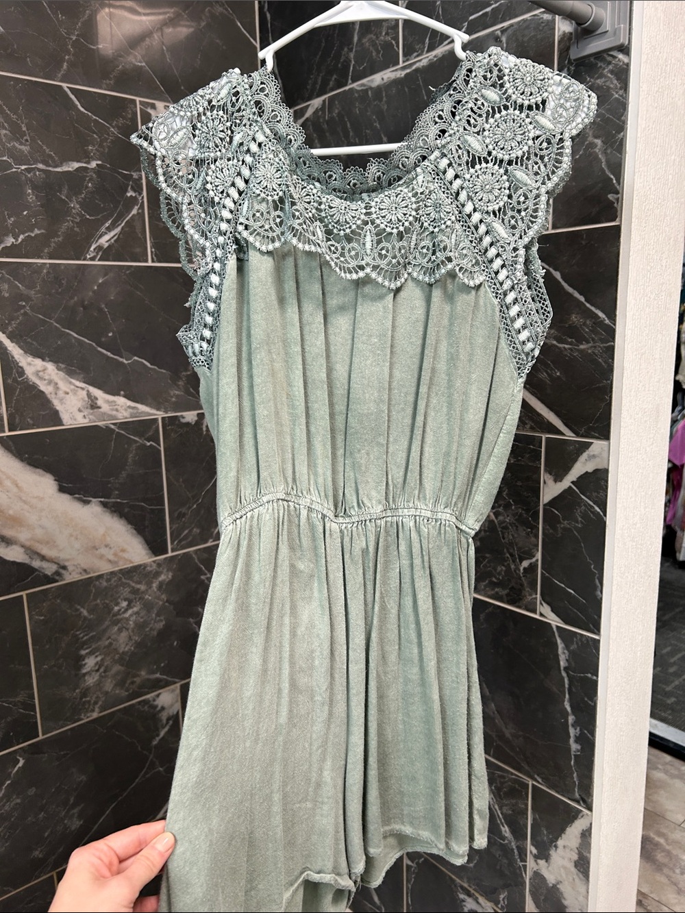 Lace Yoke Sleeveless Romper in Sage Green